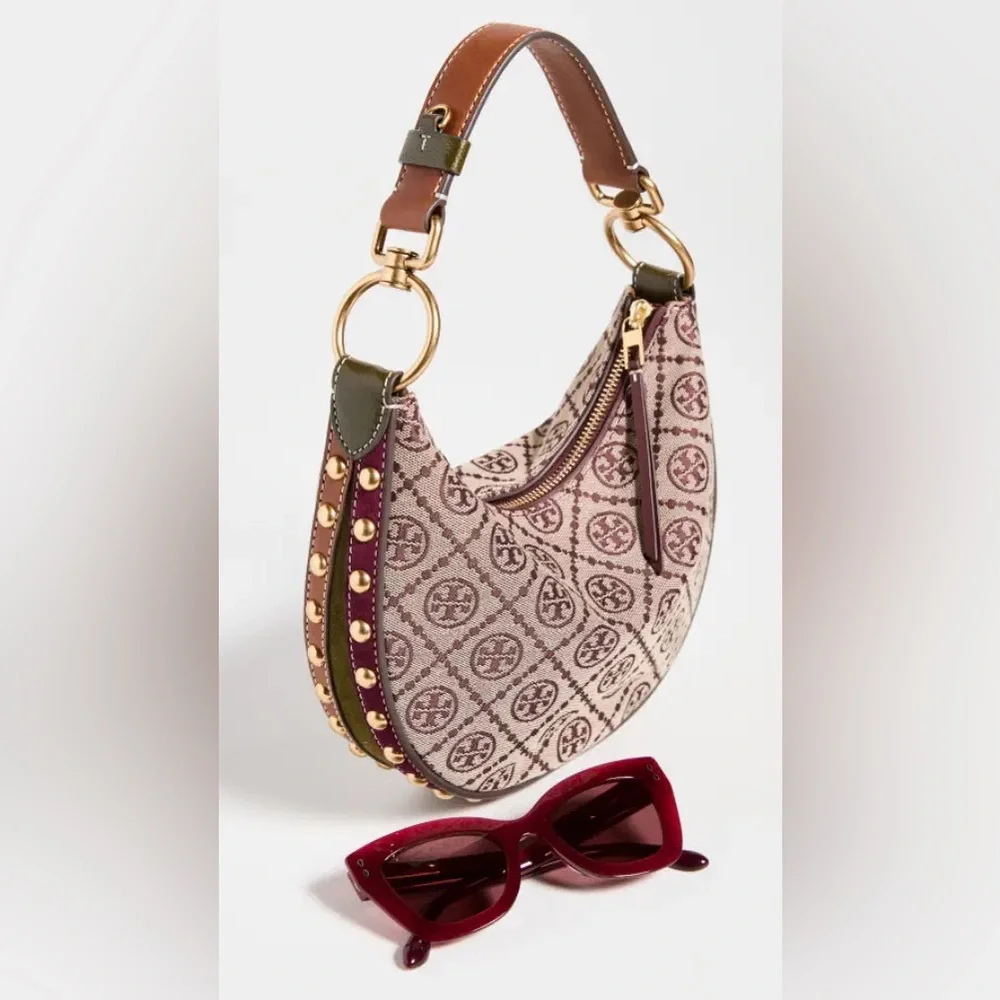 🔥NWT Tory Burch T Monogram Jacquard Studded Mini Crescent Bag - Picture 3 of 16